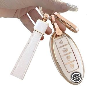 💚4/$20 Key Fob Cover for Nissan 4 Buttons with Keychain - White/Gold Trim